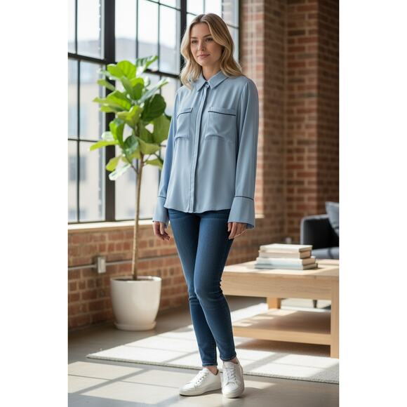 RAMY BROOK Top NEW Size XXS Aliza Satin Light Blue $365 Long Sleeve - Picture 1 of 4